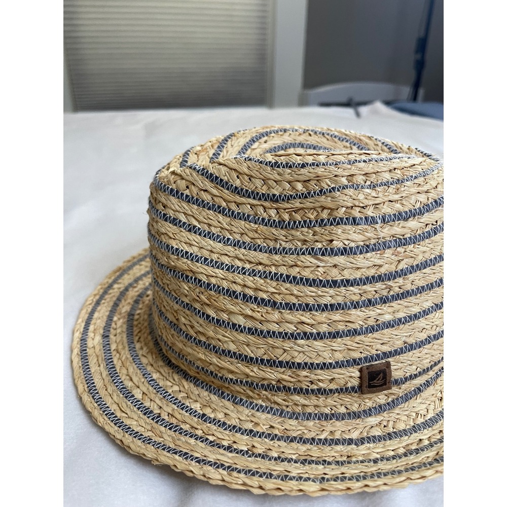 Sperry Top-Sider Womens Straw Fedora Hat Tan Blue Striped Raffia Sun Hat 5H187 - Picture 4 of 11